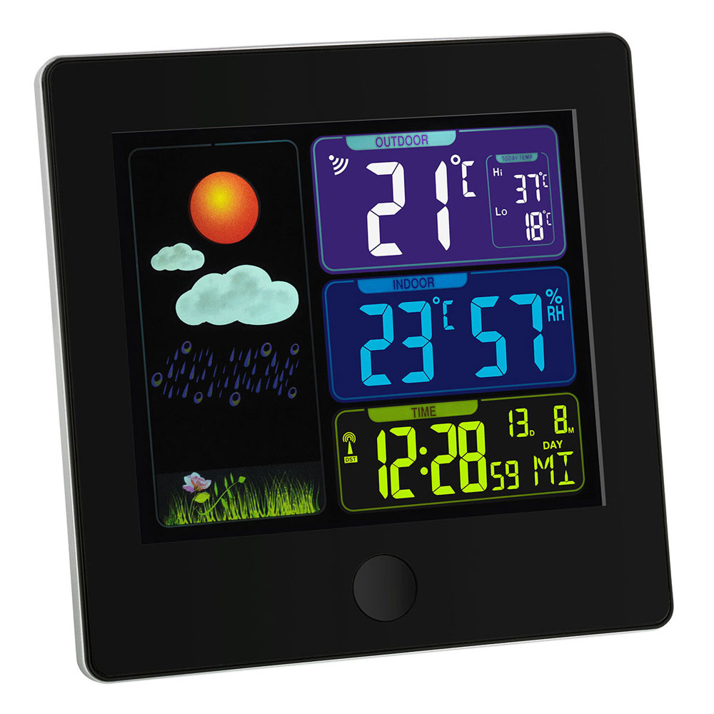 Trådløst Termometer Hygrometer med Radiostyret Ur - Black